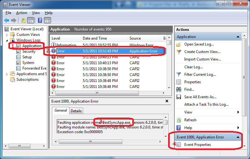 find error in event viewer application node