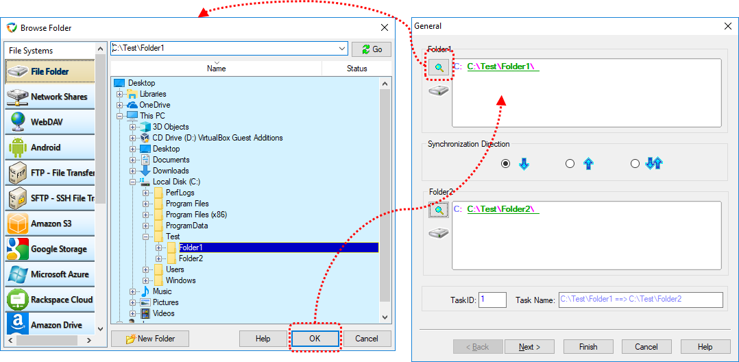 Set the source folder and the target folder